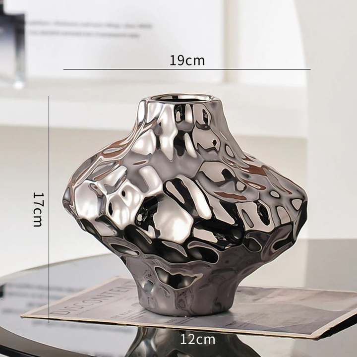 Vase à Fleurs Moderne Argenté Décoratif | Design Géométrique et Effet Martelé