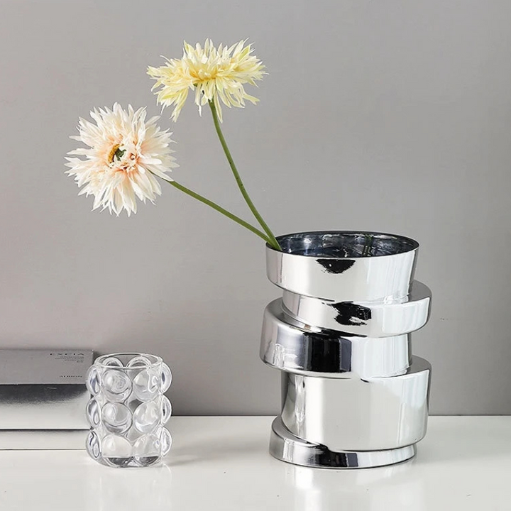 Vase à Fleurs Cylindrique avec Effet Métal Argenté | Moderne, Design et Décoratif