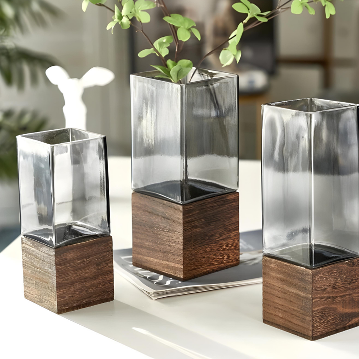 Vase Scandinave Transparent | Base Bois Naturel