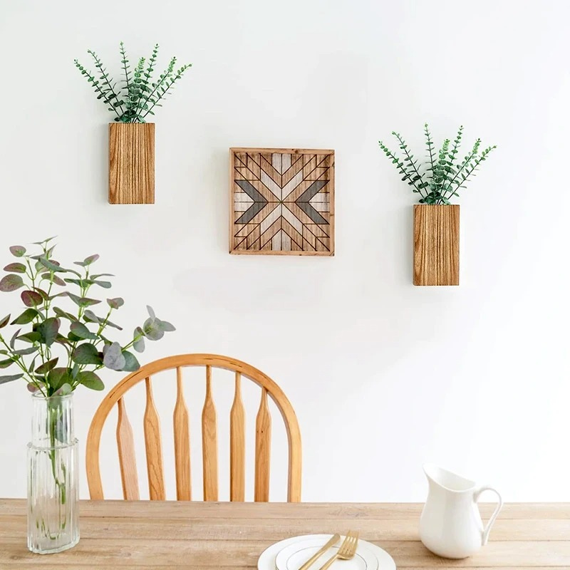 Vase Mural Rustique en Bois Foncé Décoratif avec Eucalyptus Artificiel Inclus