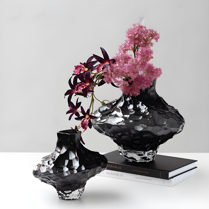 Vase à Fleurs en Verre Transparent | Design Géométrique Vert Émeraude et Effet Pierre Sculptée