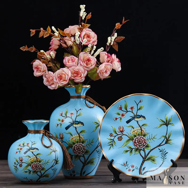 Ensemble de 2 Vases Décoratifs avec Élément Assorti – Céramique de Luxe, 3 Pièces