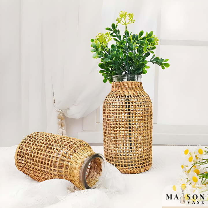 Petit Vase en Verre et Osier | Élégance Tressée Naturelle et Bohème