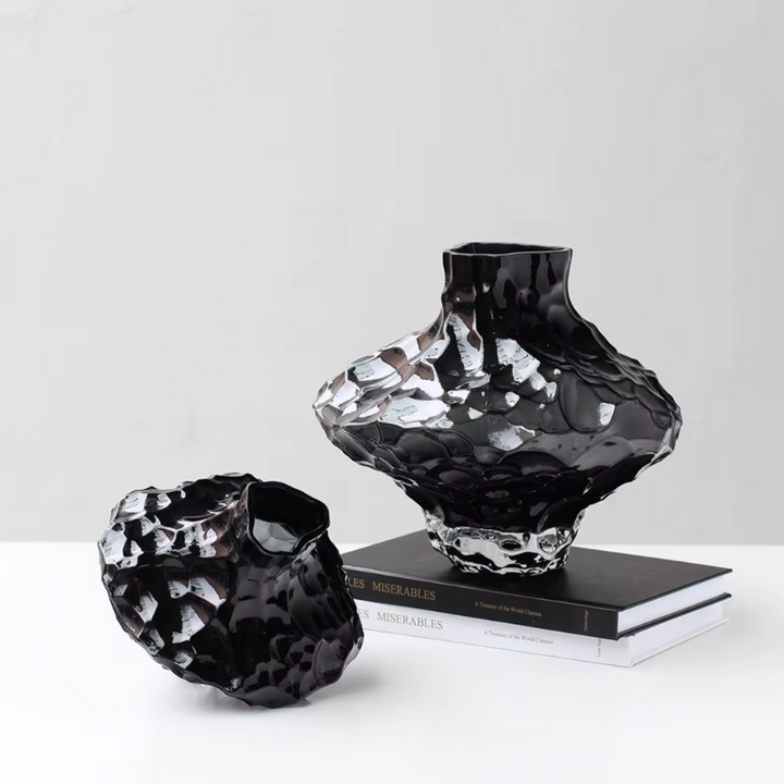 Vase à Fleurs en Verre Transparent | Design Géométrique Vert Émeraude et Effet Pierre Sculptée