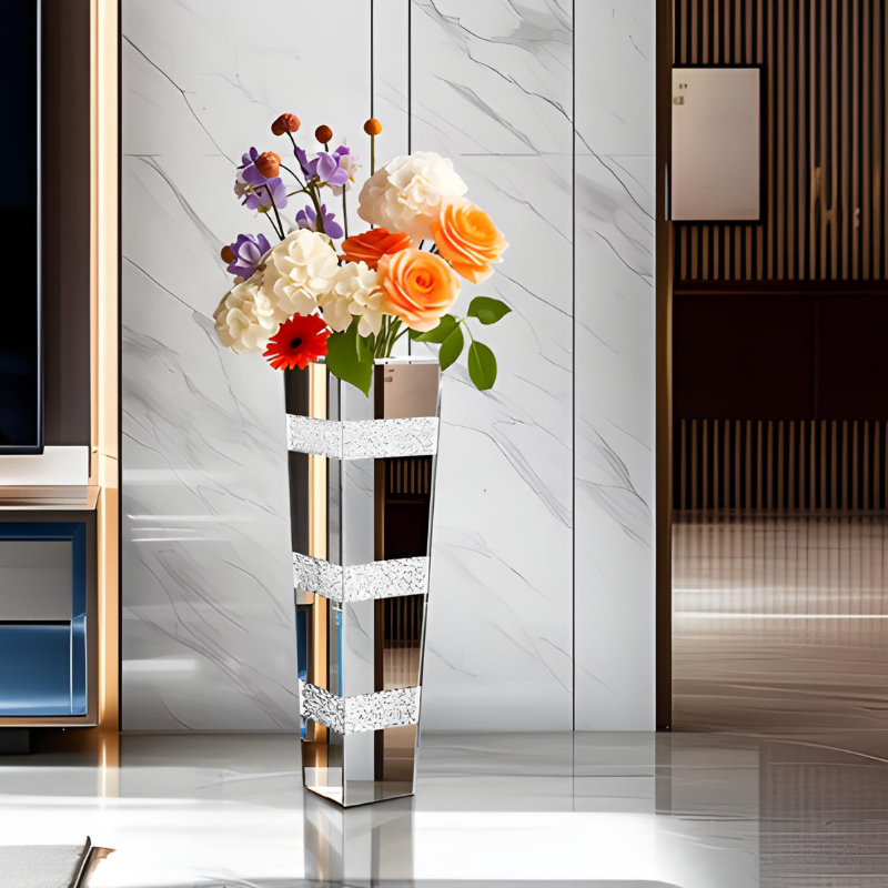 Grand Vase de Luxe pour Intérieur Élégant | Design Moderne en Miroir et Cristaux