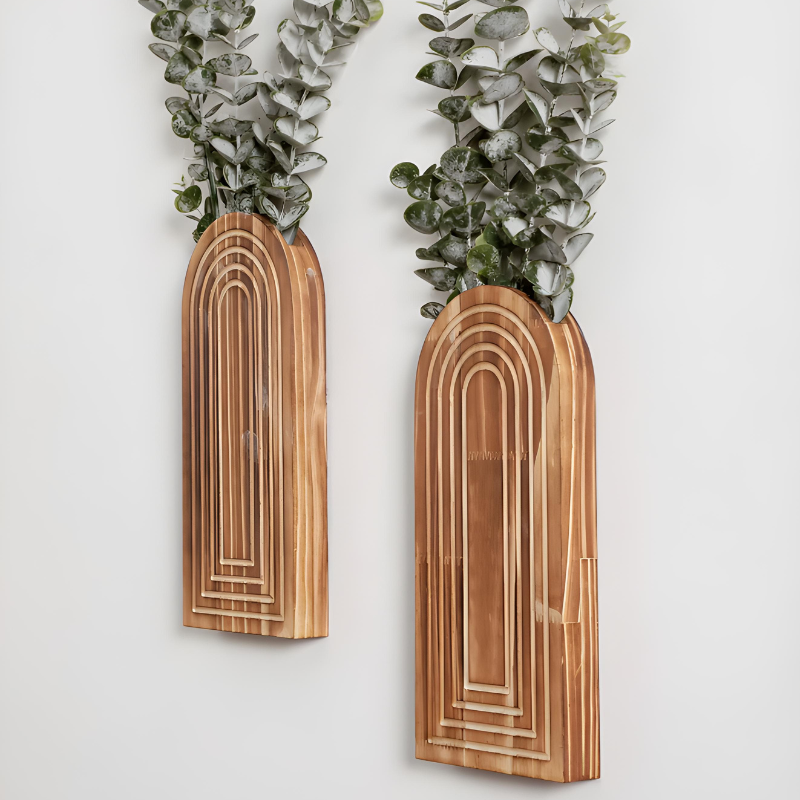 Vase à Fleurs Mural Arqué en Bois Sculpté | Design Boho Moderne et Décoratif