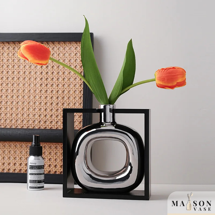 Vase à Fleurs Moderne en Céramique | Design Cadre Argenté Décoratif