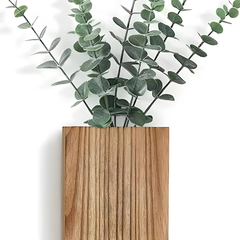 Vase Mural Rustique en Bois Foncé Décoratif avec Eucalyptus Artificiel Inclus
