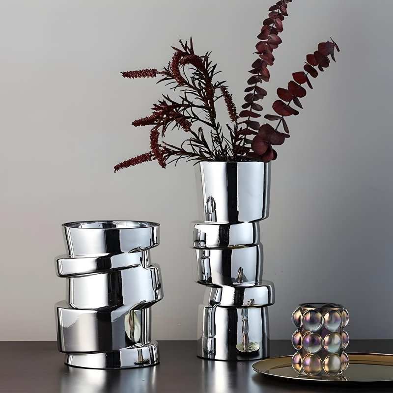 Vase à Fleurs Cylindrique avec Effet Métal Argenté | Moderne, Design et Décoratif