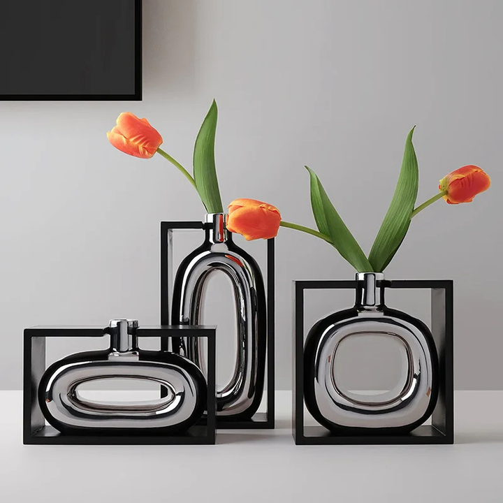 Vase à Fleurs Moderne en Céramique | Design Cadre Argenté Décoratif