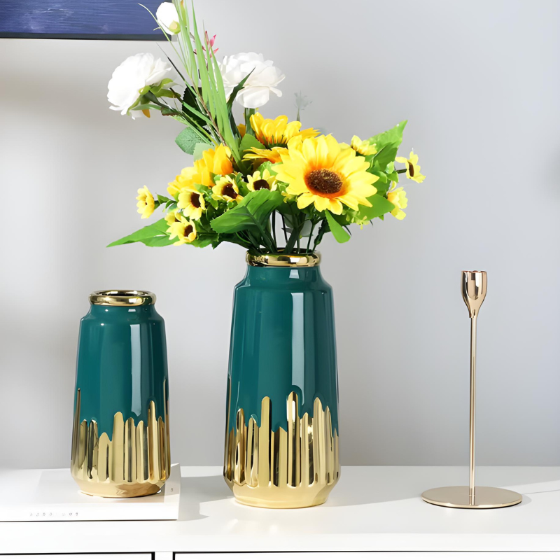 Grand Vase à Fleurs en Céramique | Design Moderne et Finitions Dorées