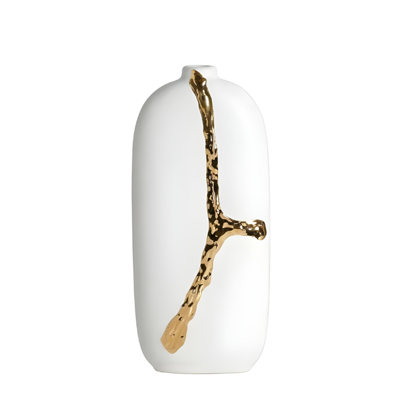 Vase Décoratif Blanc en Céramique | Design Nordique & Détail Doré Sculptural