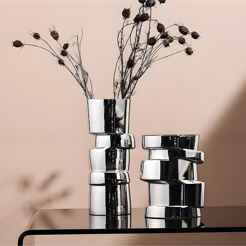 Vase à Fleurs Cylindrique avec Effet Métal Argenté | Moderne, Design et Décoratif