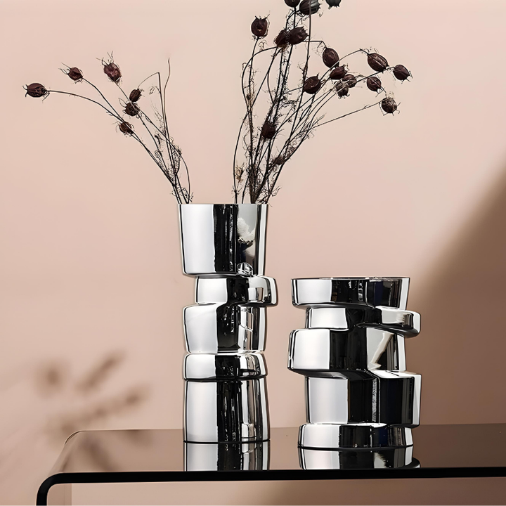 Vase à Fleurs Cylindrique avec Effet Métal Argenté | Moderne, Design et Décoratif