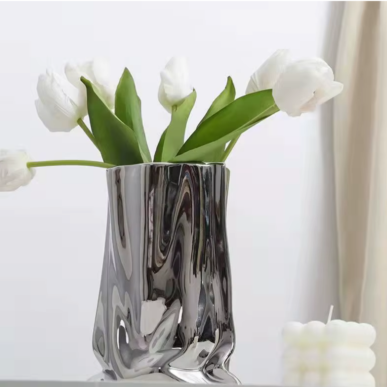 Vase à Fleurs en Céramique Design et Moderne | Effet Métal Ondulé