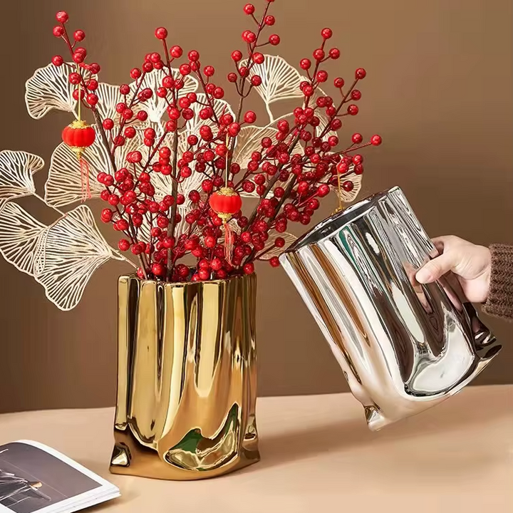 Vase à Fleurs en Céramique Design et Moderne | Effet Métal Ondulé