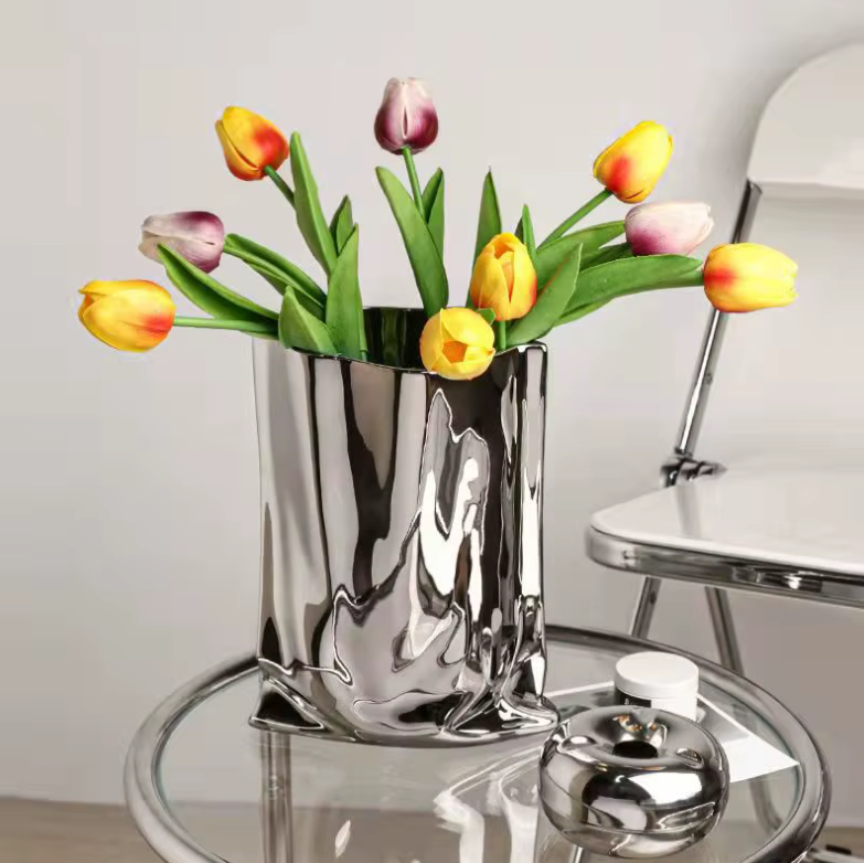 Vase à Fleurs en Céramique Design et Moderne | Effet Métal Ondulé