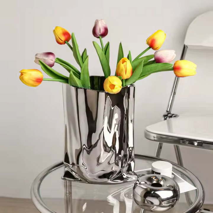 Vase à Fleurs en Céramique Design et Moderne | Effet Métal Ondulé