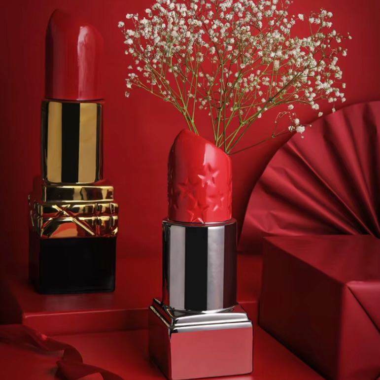Grand Vase Rouge à Lèvres en Céramique | Décoratif et Moderne