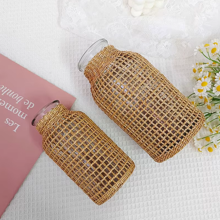 Petit Vase en Verre et Osier | Élégance Tressée Naturelle et Bohème