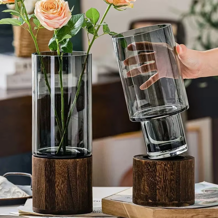 Vase en Verre Noir Cylindrique | Moderne et Décoratif avec Base en Bois Élégante