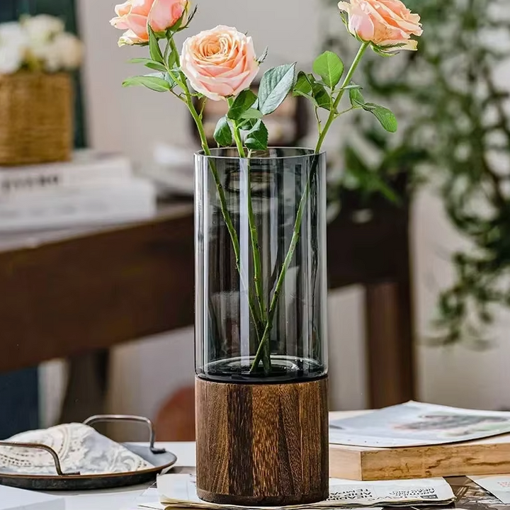 Vase en Verre Noir Cylindrique | Moderne et Décoratif avec Base en Bois Élégante