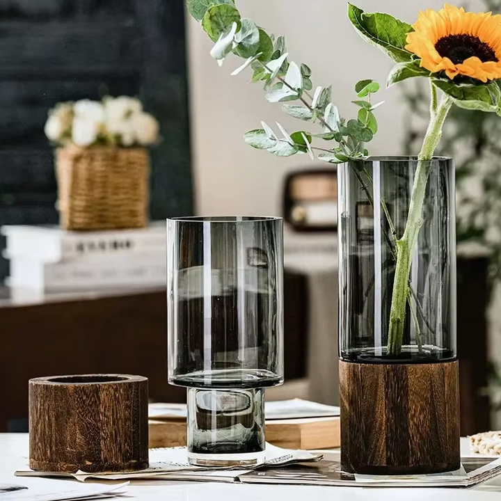 Vase en Verre Noir Cylindrique | Moderne et Décoratif avec Base en Bois Élégante