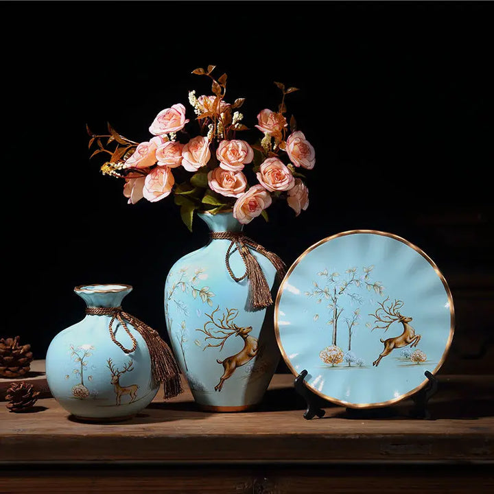 Ensemble de 2 Vases Décoratifs avec Élément Assorti – Céramique de Luxe, 3 Pièces