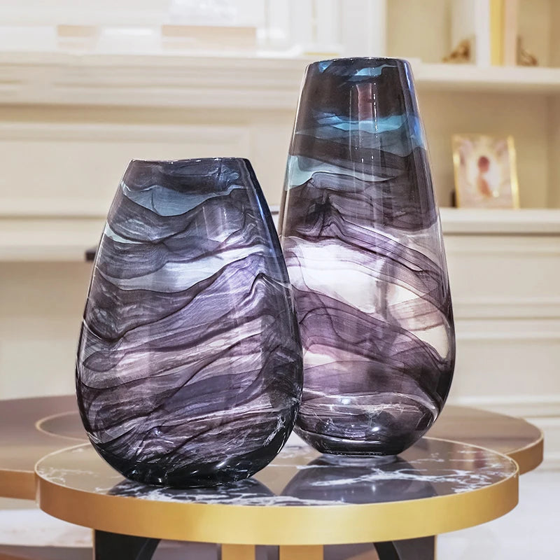 Grand Vase en Verre Transparent à Ondulations Bleutées | Design Décoratif Luxe et Moderne