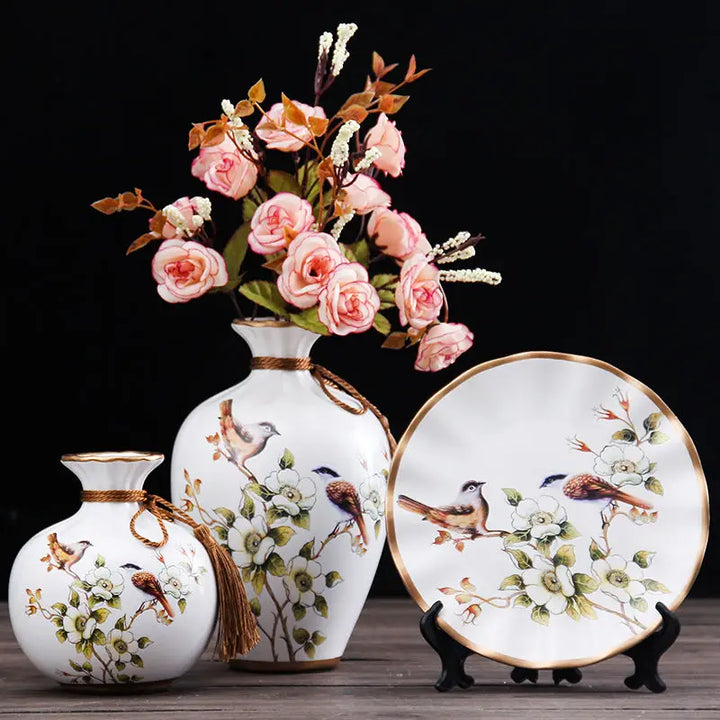 Ensemble de 2 Vases Décoratifs avec Élément Assorti – Céramique de Luxe, 3 Pièces