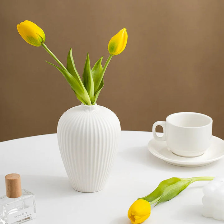 Vase à Fleurs Scandinave Blanc | Céramique Mate Rayée