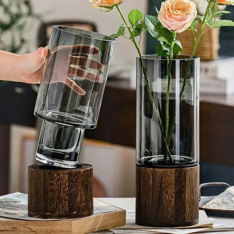 Vase en Verre Noir Cylindrique | Moderne et Décoratif avec Base en Bois Élégante
