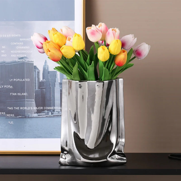 Vase à Fleurs en Céramique Design et Moderne | Effet Métal Ondulé