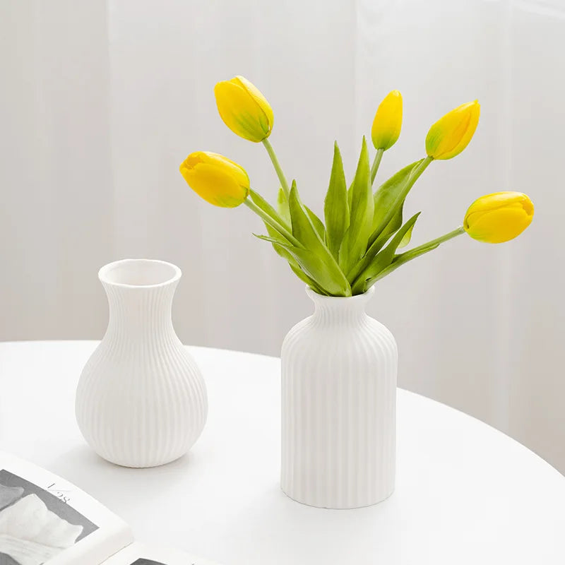 Vase à Fleurs Scandinave Blanc | Céramique Mate Rayée