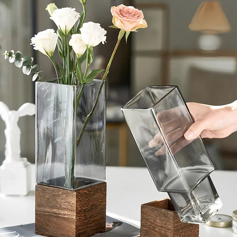 Vase Scandinave Transparent | Base Bois Naturel