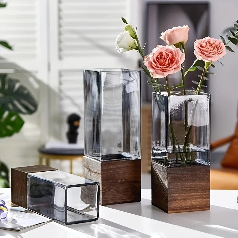 Vase Scandinave Transparent | Base Bois Naturel