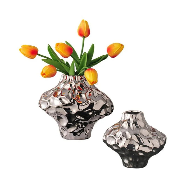 Vase à Fleurs Moderne Argenté Décoratif | Design Géométrique et Effet Martelé