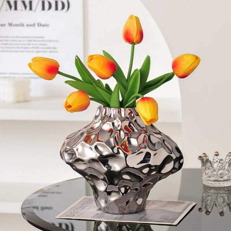 Vase à Fleurs Moderne Argenté Décoratif | Design Géométrique et Effet Martelé