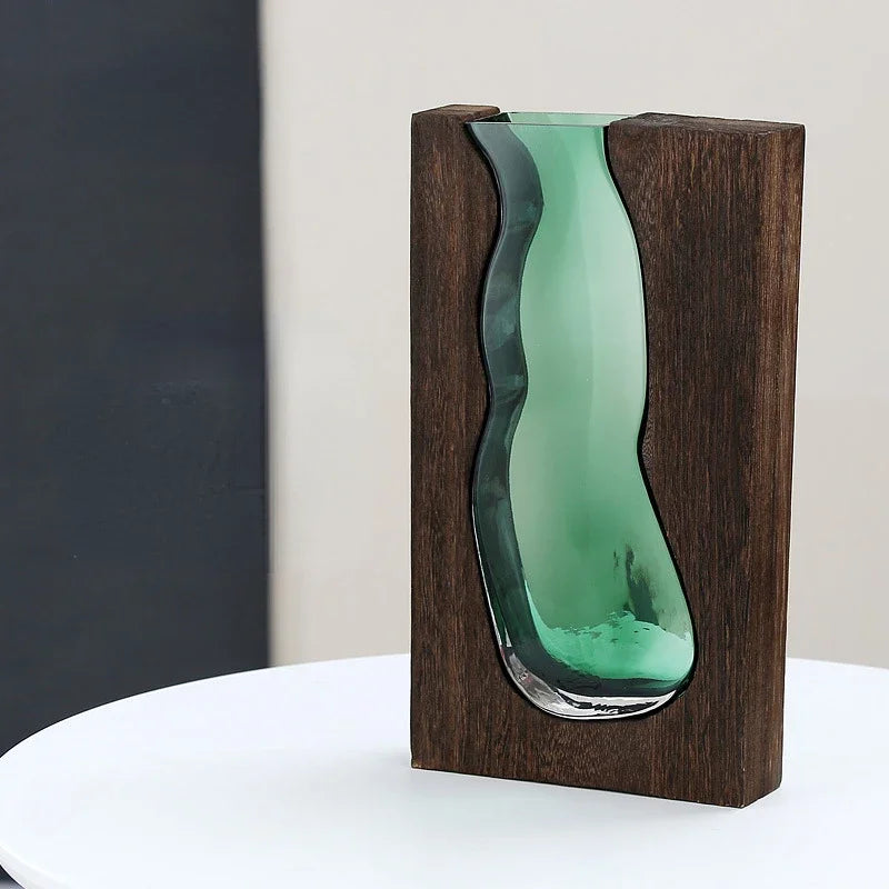 Vase en Verre Sculpté et Bois Massif | L’Élégance du Style Chinois