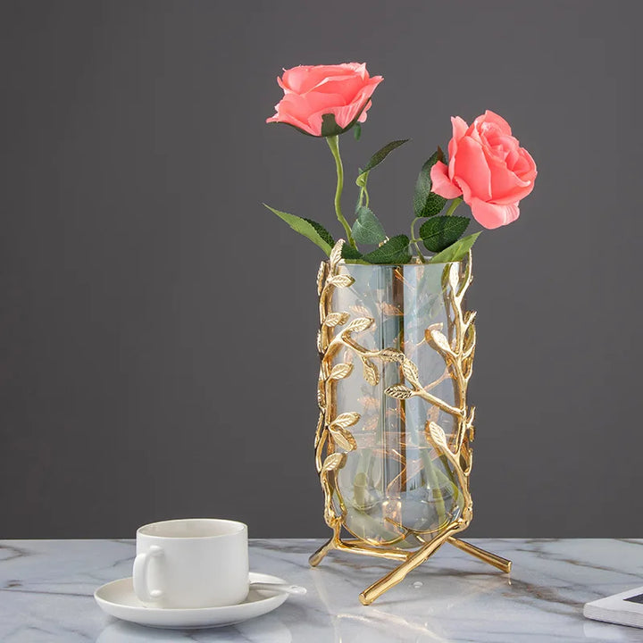 Vase à Fleurs Cylindrique en Verre | Cadre Doré Décoratif et Minimaliste