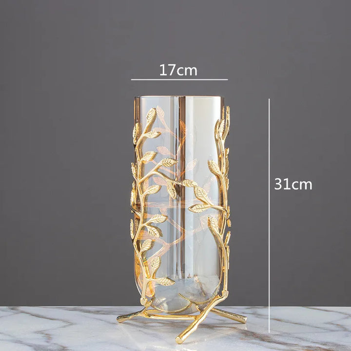 Vase à Fleurs Cylindrique en Verre | Cadre Doré Décoratif et Minimaliste