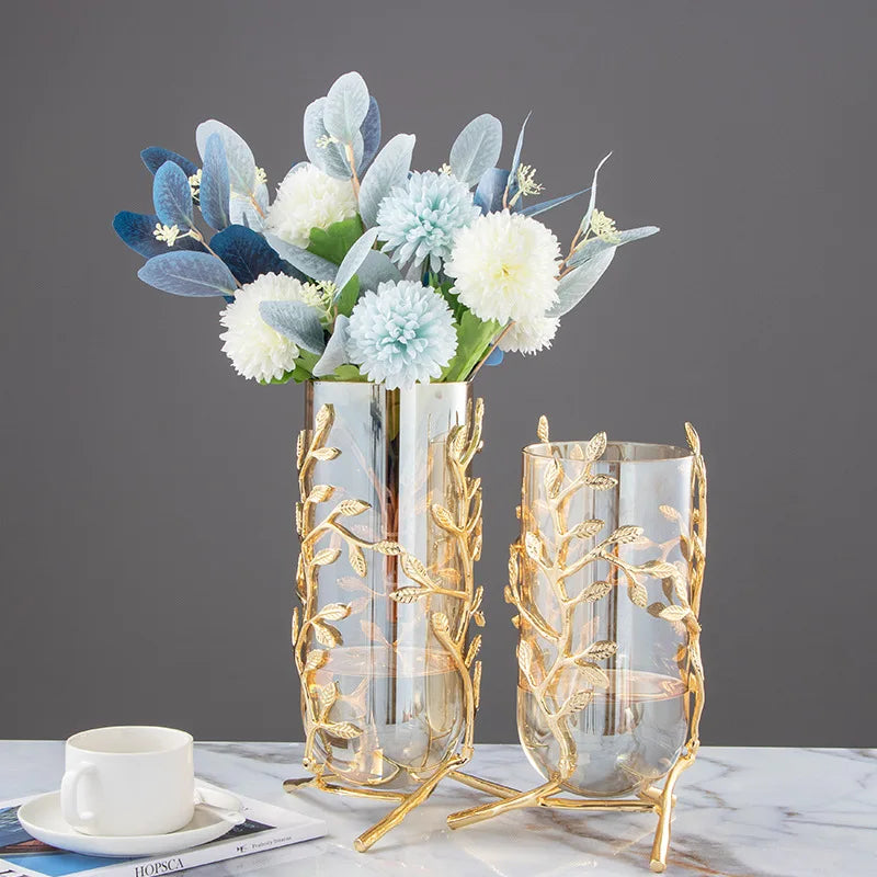 Vase à Fleurs Cylindrique en Verre | Cadre Doré Décoratif et Minimaliste