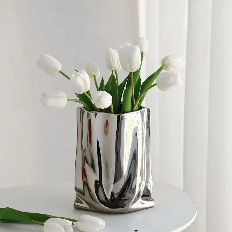 Vase à Fleurs en Céramique Design et Moderne | Effet Métal Ondulé