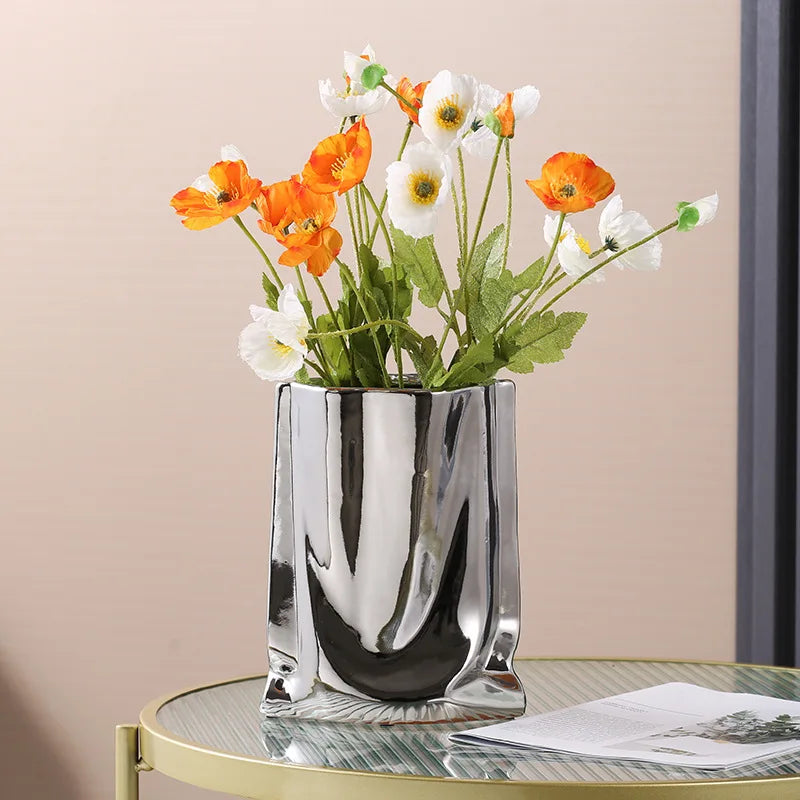 Vase à Fleurs en Céramique Design et Moderne | Effet Métal Ondulé