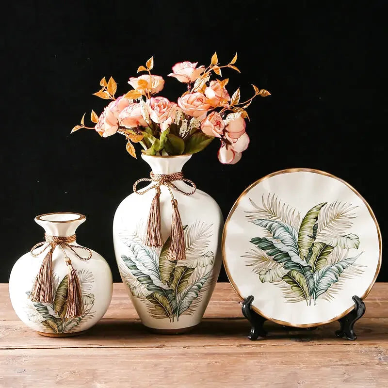 Ensemble de 2 Vases Décoratifs avec Élément Assorti – Céramique de Luxe, 3 Pièces - Maison Vase