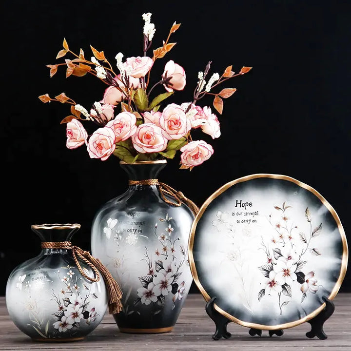 Ensemble de 2 Vases Décoratifs avec Élément Assorti – Céramique de Luxe, 3 Pièces - Maison Vase