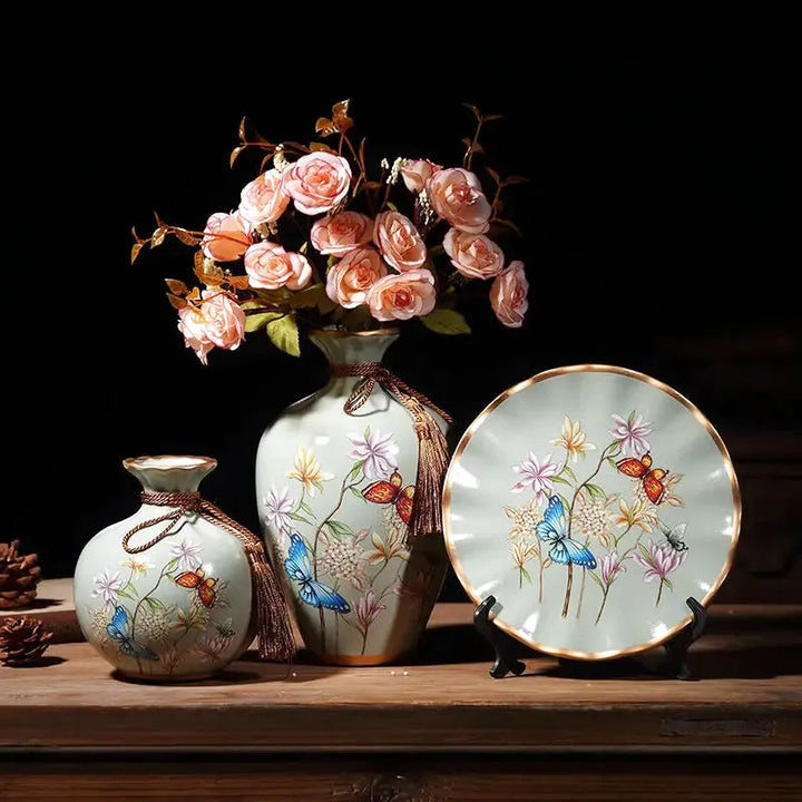 Ensemble de 2 Vases Décoratifs avec Élément Assorti – Céramique de Luxe, 3 Pièces - Maison Vase