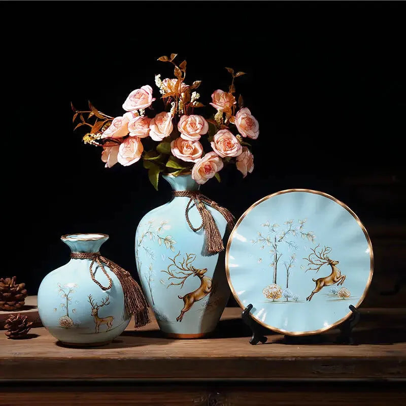 Ensemble de 2 Vases Décoratifs avec Élément Assorti – Céramique de Luxe, 3 Pièces - Maison Vase