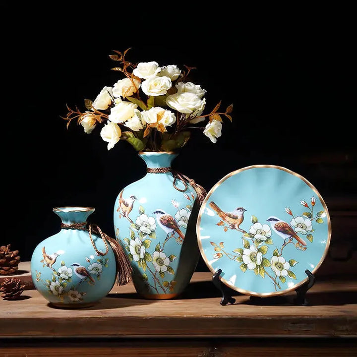 Ensemble de 2 Vases Décoratifs avec Élément Assorti – Céramique de Luxe, 3 Pièces - Maison Vase