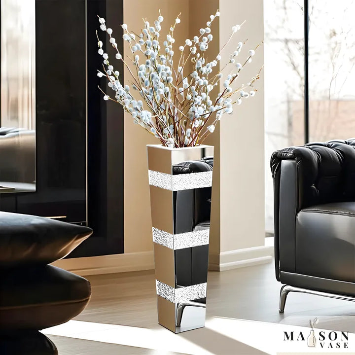 Grand Vase de Luxe pour Intérieur Élégant | Design Moderne en Miroir et Cristaux - Maison Vase